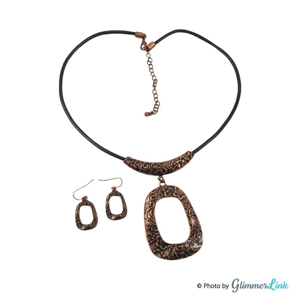 Geometric Hammered Copper Tone Pendant Necklace & Earrings Set